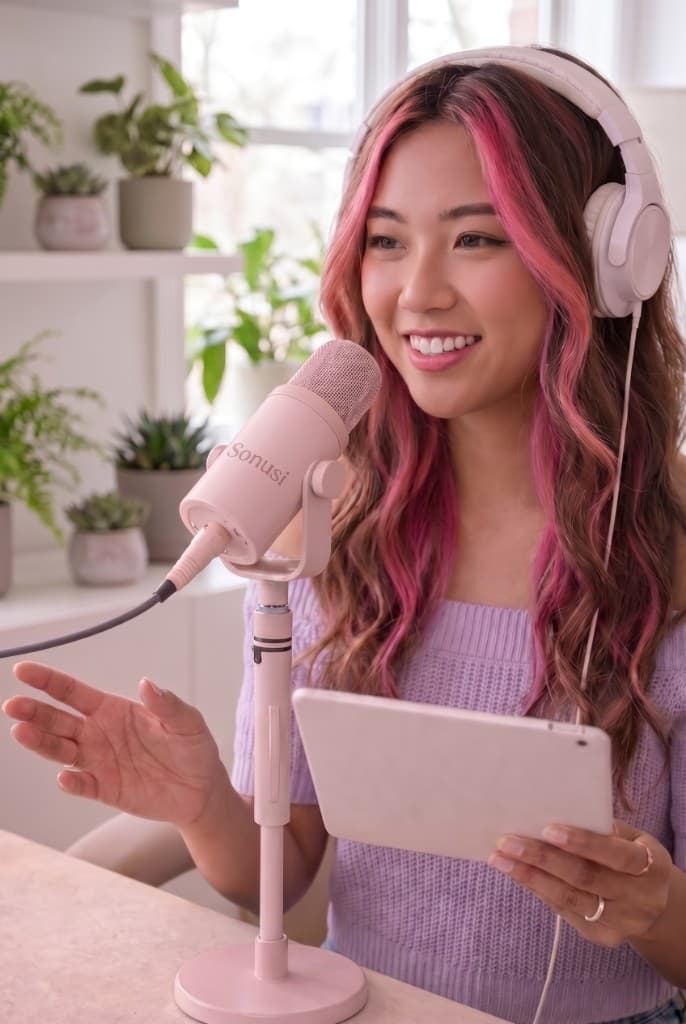 內容創作者戴著耳機、對著麥克風錄音，呈現 AI 配音與聲音內容創作情境。