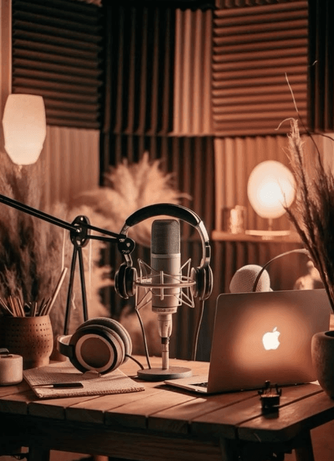 錄音室桌面上的麥克風、耳機與筆電，呈現 AI 配音與聲音內容創作情境。